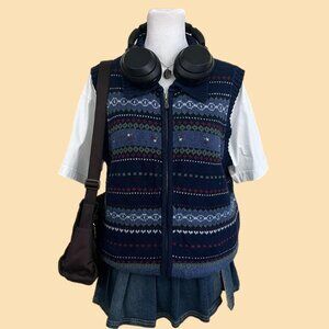 vintage 90s blue striped girly boho granola knit zip up sweater vest